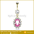 Surgical Steel Pink Oval Cubic Zirconia Gem Trim Dangle Navel Belly Ring